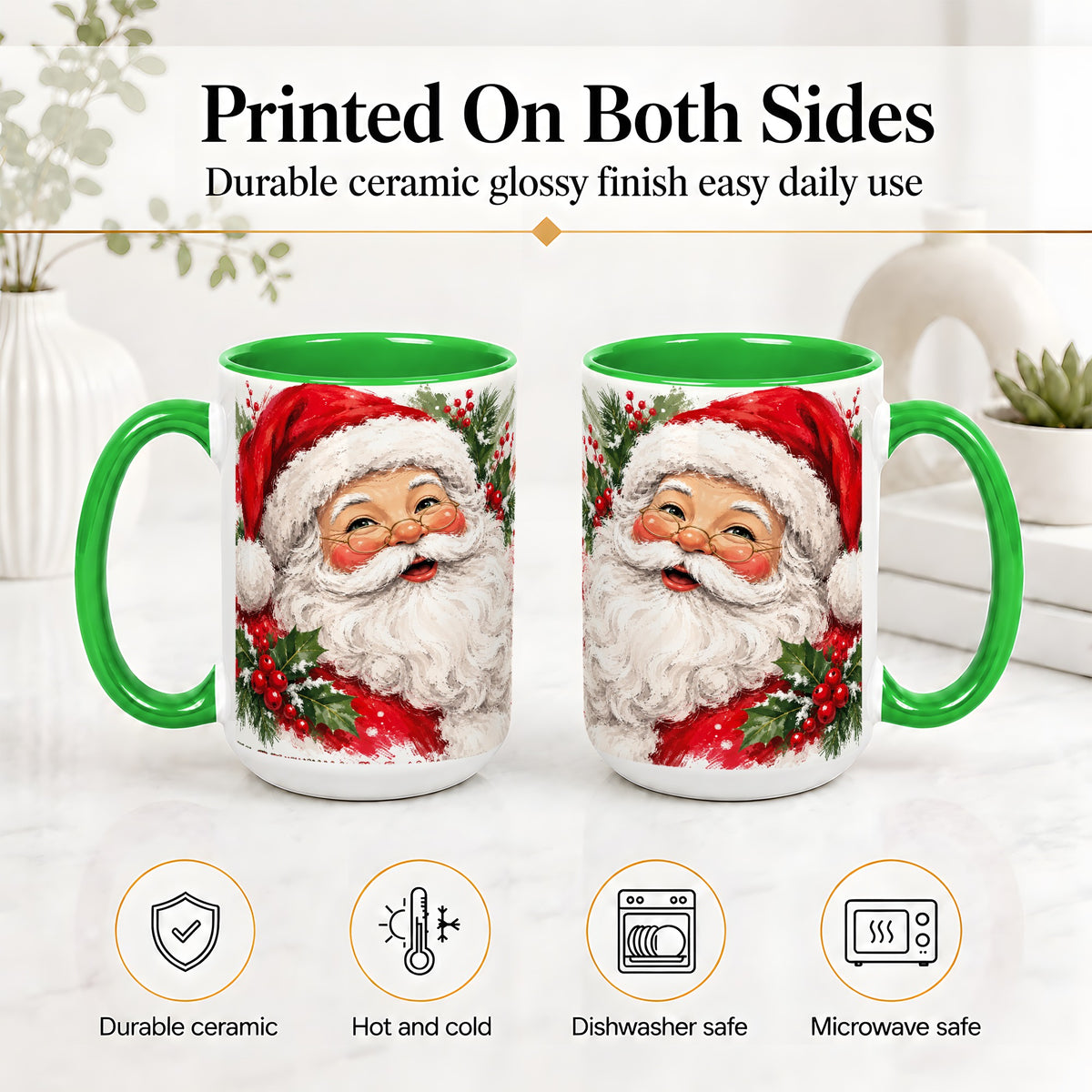 #pl[15oz|Green] Santa Claus Christmas Accent Mug, Ceramic Coffee Cup for Holiday Use