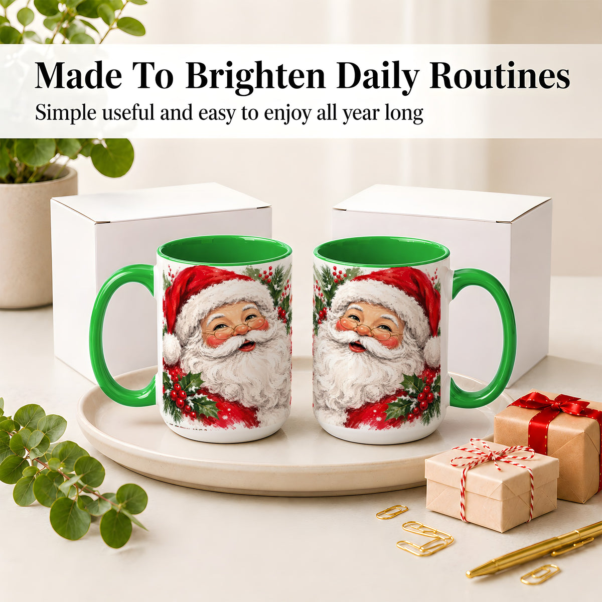 #pl[15oz|Green] Santa Claus Christmas Accent Mug, Ceramic Coffee Cup for Holiday Use
