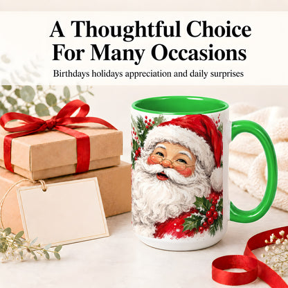 #pl[15oz|Green] Santa Claus Christmas Accent Mug, Ceramic Coffee Cup for Holiday Use