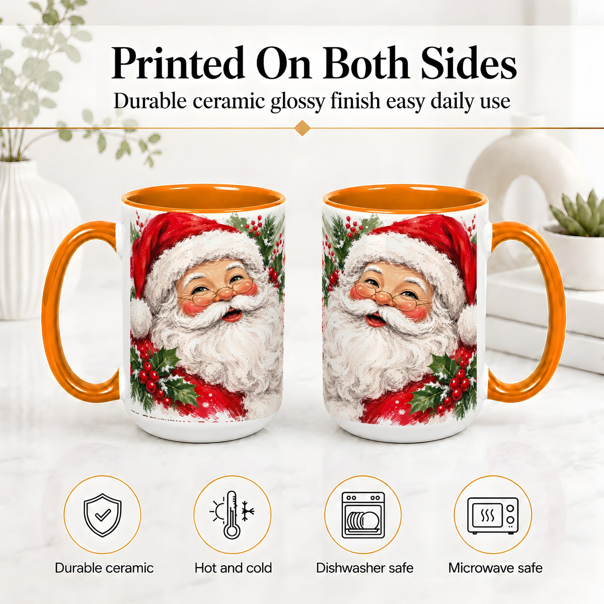 #pl[15oz|Orange] Santa Claus Christmas Accent Mug, Ceramic Coffee Cup for Holiday Use