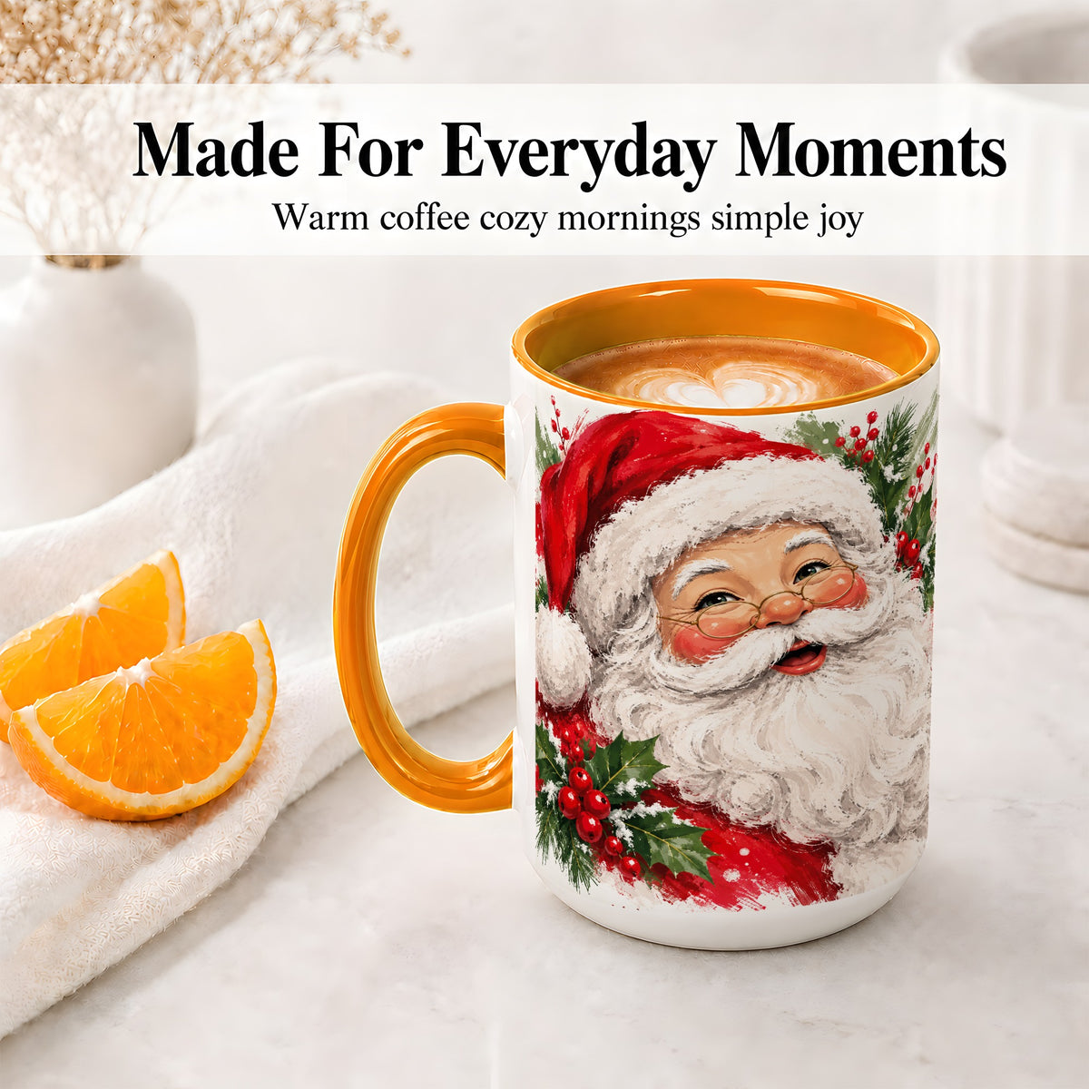 #pl[15oz|Orange] Santa Claus Christmas Accent Mug, Ceramic Coffee Cup for Holiday Use