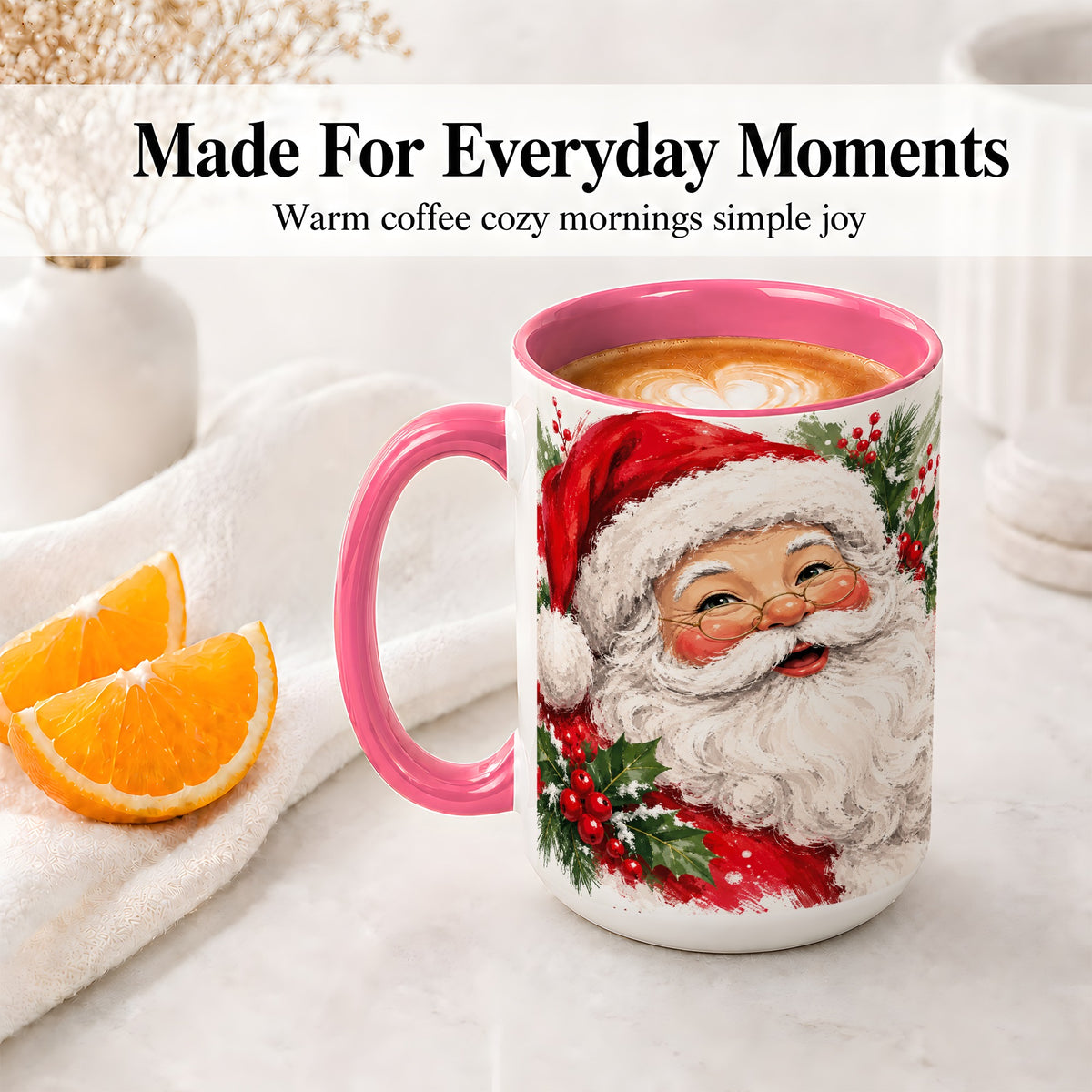 #pl[15oz|Pink] Santa Claus Christmas Accent Mug, Ceramic Coffee Cup for Holiday Use