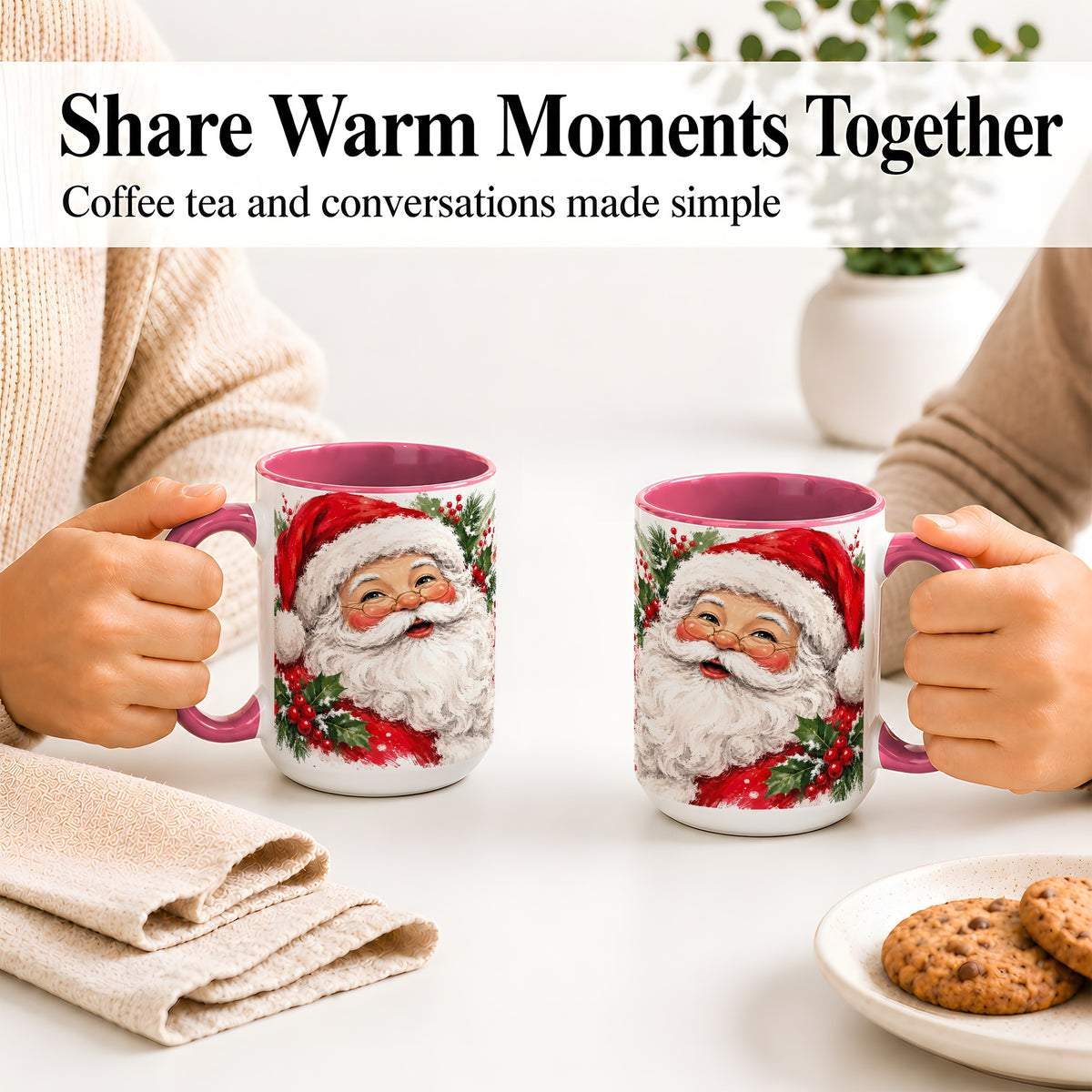 #pl[15oz|Pink] Santa Claus Christmas Accent Mug, Ceramic Coffee Cup for Holiday Use