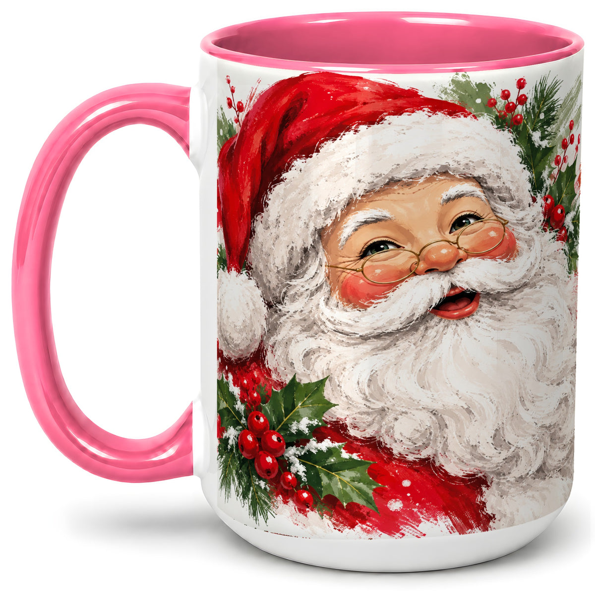 #pl[15oz|Pink] Santa Claus Christmas Accent Mug, Ceramic Coffee Cup for Holiday Use