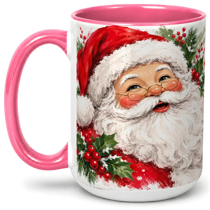 #pl[15oz|Pink] Santa Claus Christmas Accent Mug, Ceramic Coffee Cup for Holiday Use