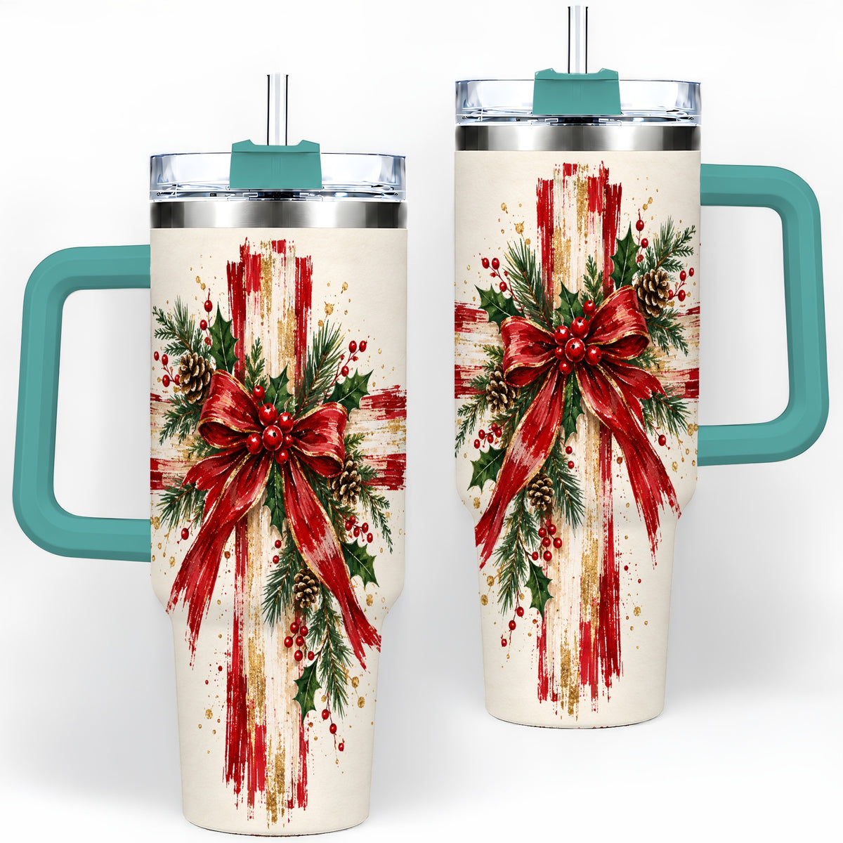#pl[40oz|Green] Christmas Cross 40oz Tumbler, Stainless Steel Faith Holiday Artwork