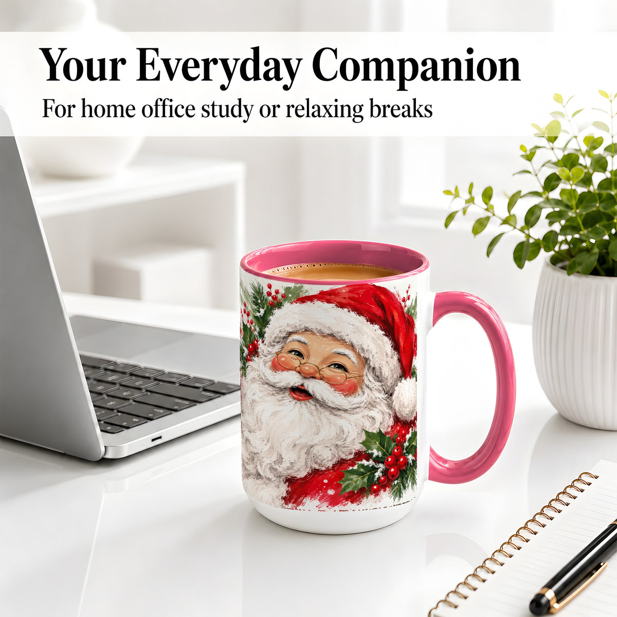 #pl[15oz|Pink] Santa Claus Christmas Accent Mug, Ceramic Coffee Cup for Holiday Use