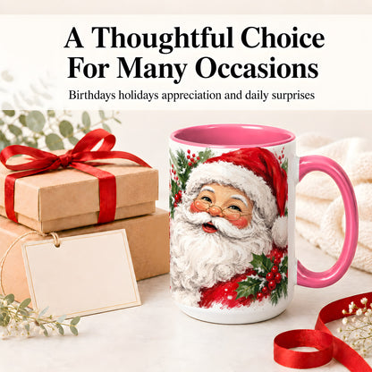 #pl[15oz|Pink] Santa Claus Christmas Accent Mug, Ceramic Coffee Cup for Holiday Use