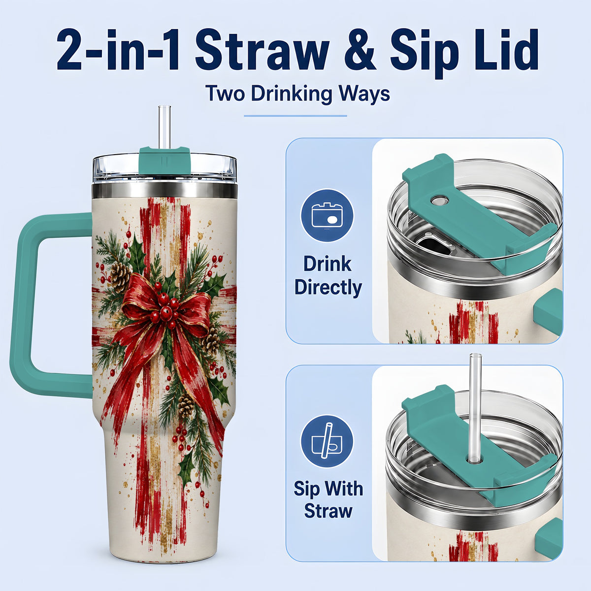 #pl[40oz|Green] Christmas Cross 40oz Tumbler, Stainless Steel Faith Holiday Artwork