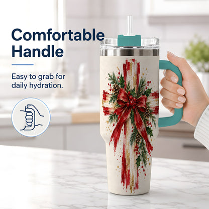 #pl[40oz|Green] Christmas Cross 40oz Tumbler, Stainless Steel Faith Holiday Artwork