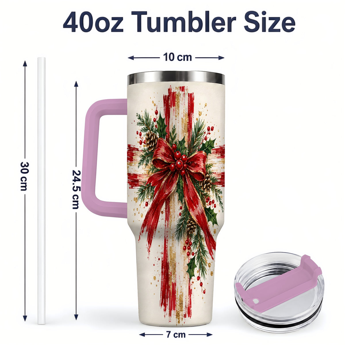 #pl[40oz|Pink] Christmas Cross 40oz Tumbler, Stainless Steel Faith Holiday Artwork
