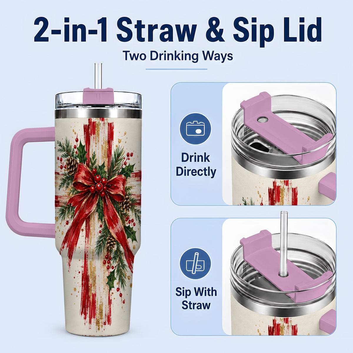 #pl[40oz|Pink] Christmas Cross 40oz Tumbler, Stainless Steel Faith Holiday Artwork