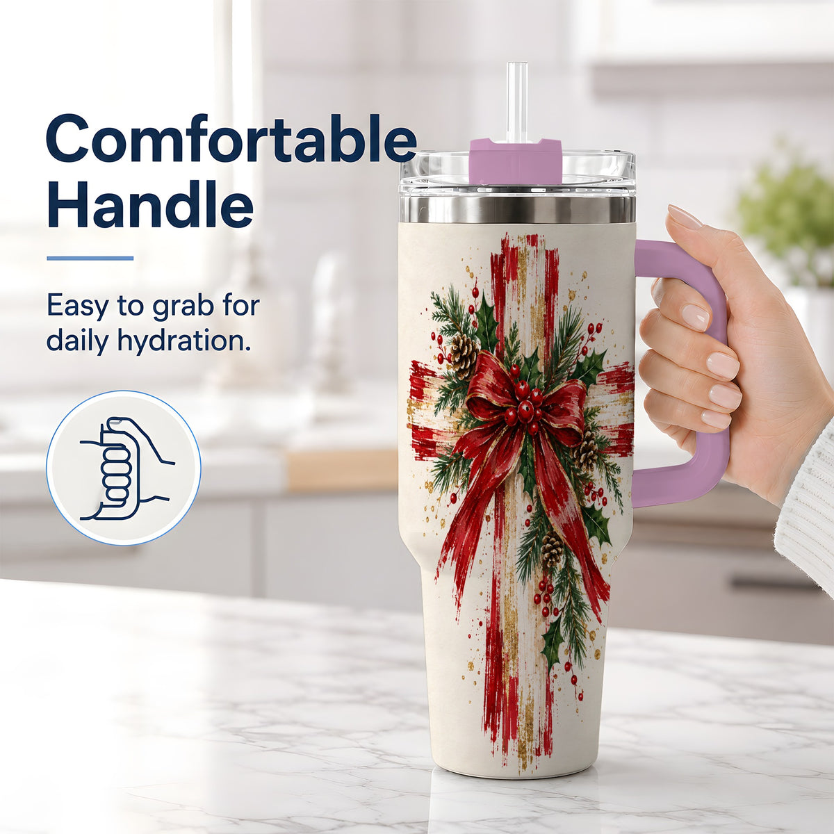 #pl[40oz|Pink] Christmas Cross 40oz Tumbler, Stainless Steel Faith Holiday Artwork