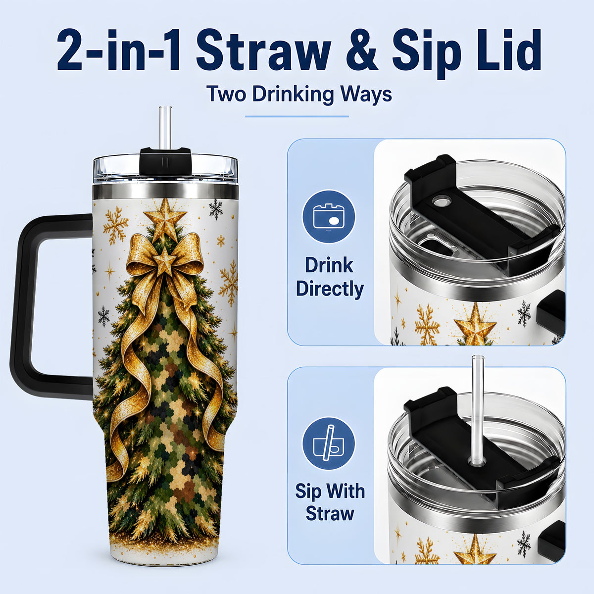 #pl[40oz|Black] Camo Christmas Tree 40oz Tumbler, Stainless Steel Gold Holiday Art