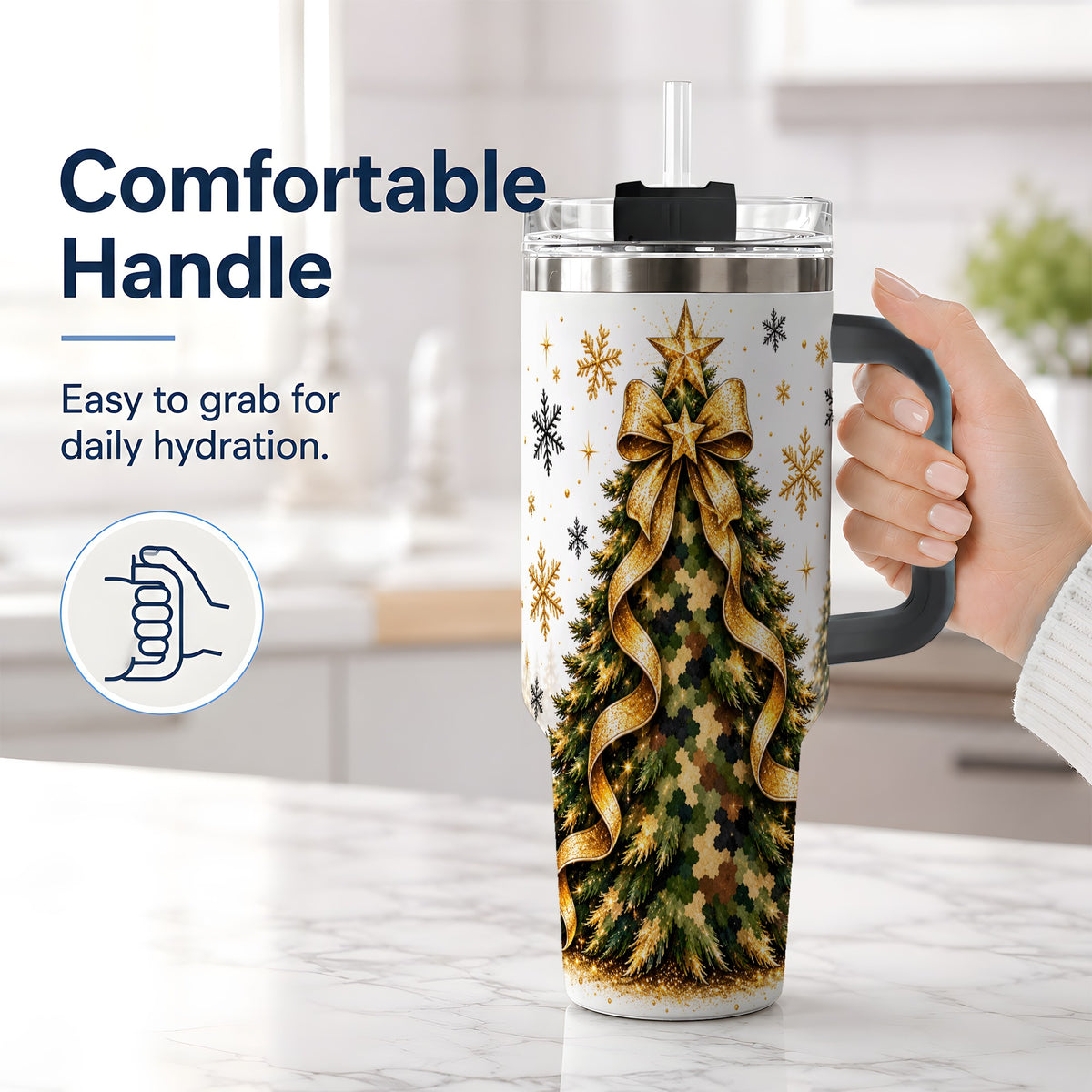 #pl[40oz|Black] Camo Christmas Tree 40oz Tumbler, Stainless Steel Gold Holiday Art