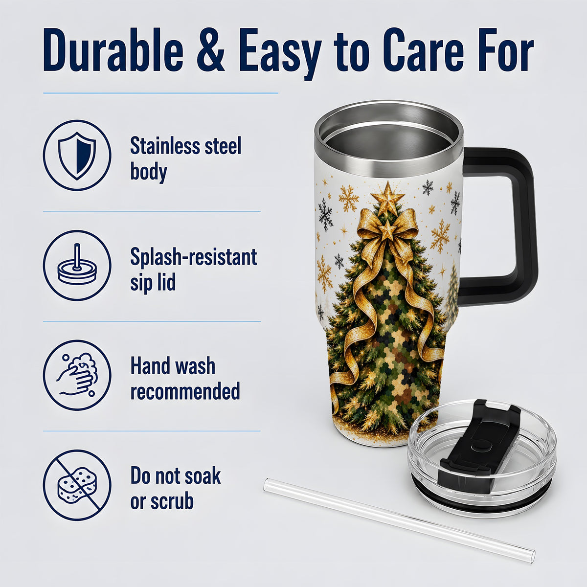 #pl[40oz|Black] Camo Christmas Tree 40oz Tumbler, Stainless Steel Gold Holiday Art