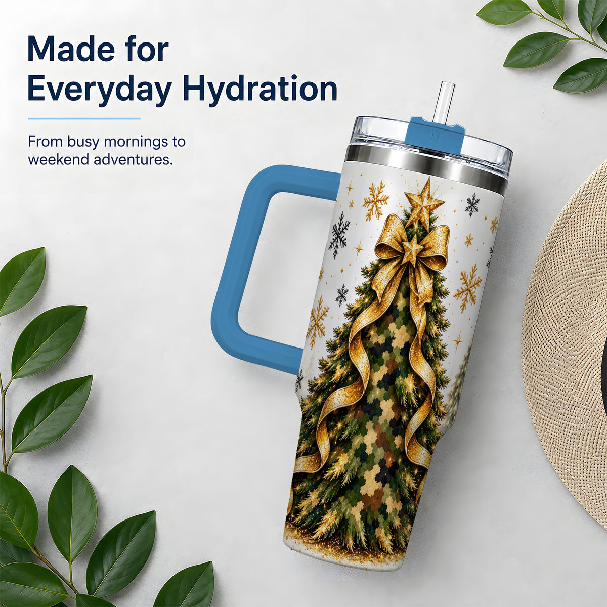 #pl[40oz|Blue] Camo Christmas Tree 40oz Tumbler, Stainless Steel Gold Holiday Art