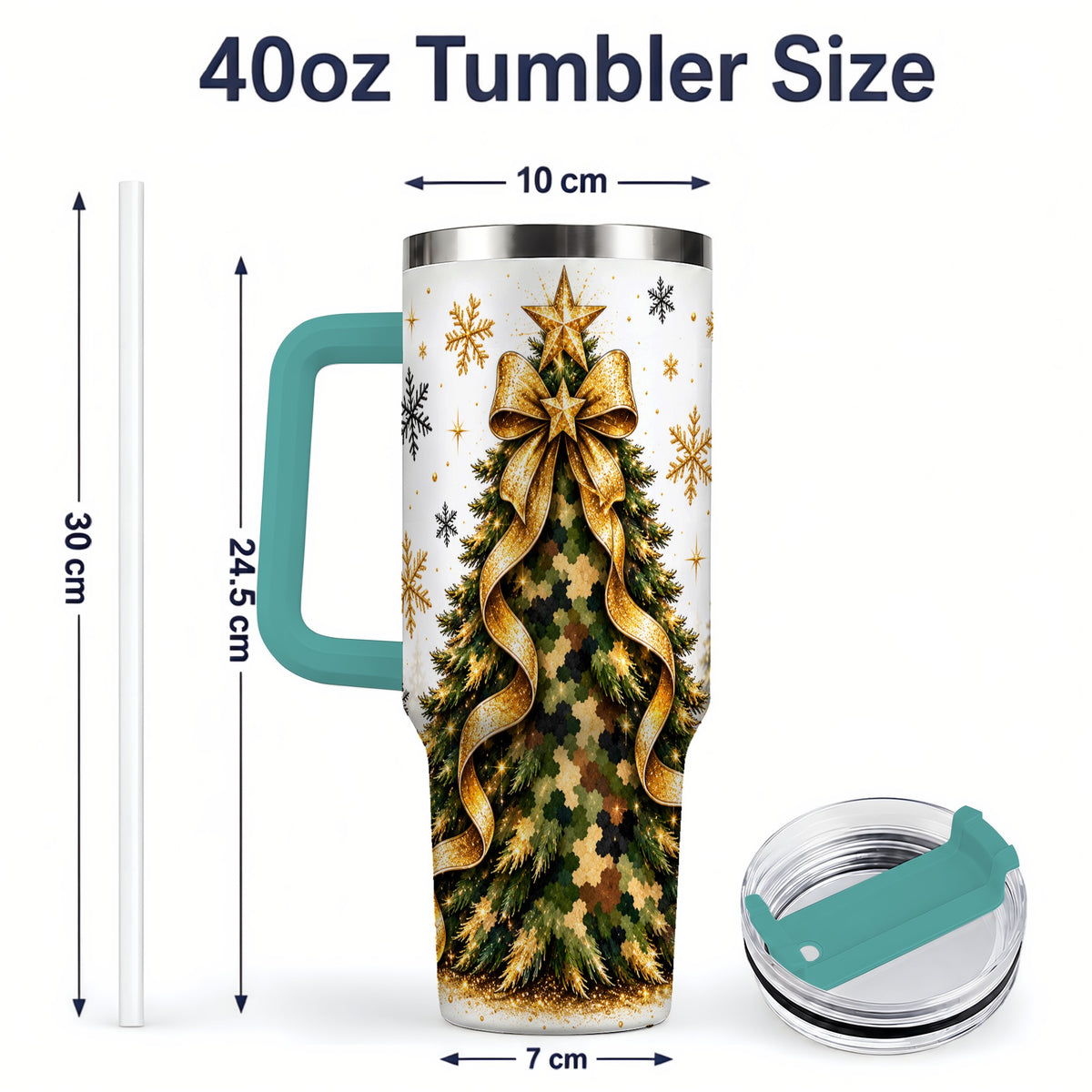 #pl[40oz|Green] Camo Christmas Tree 40oz Tumbler, Stainless Steel Gold Holiday Art