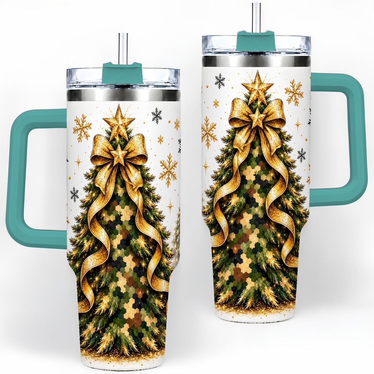 #pl[40oz|Green] Camo Christmas Tree 40oz Tumbler, Stainless Steel Gold Holiday Art