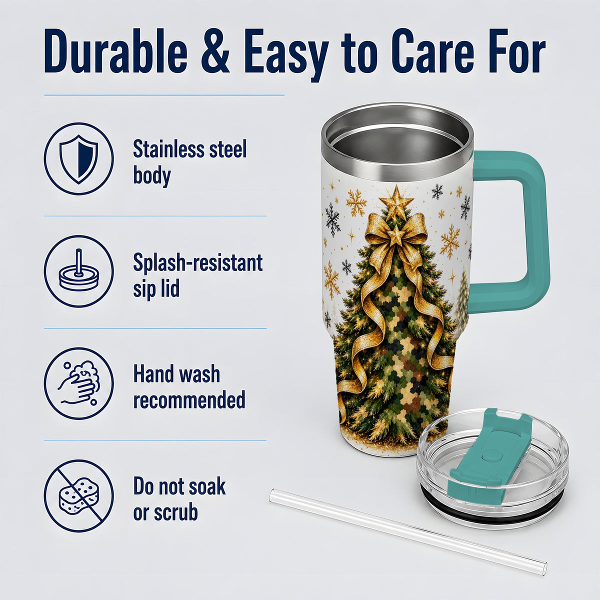 #pl[40oz|Green] Camo Christmas Tree 40oz Tumbler, Stainless Steel Gold Holiday Art