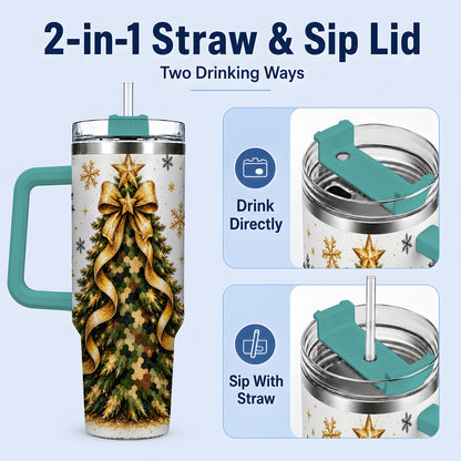 #pl[40oz|Green] Camo Christmas Tree 40oz Tumbler, Stainless Steel Gold Holiday Art