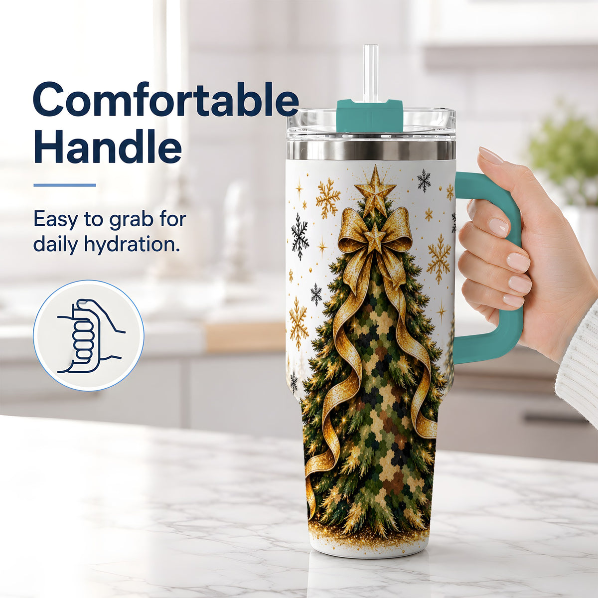 #pl[40oz|Green] Camo Christmas Tree 40oz Tumbler, Stainless Steel Gold Holiday Art