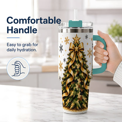 #pl[40oz|Green] Camo Christmas Tree 40oz Tumbler, Stainless Steel Gold Holiday Art