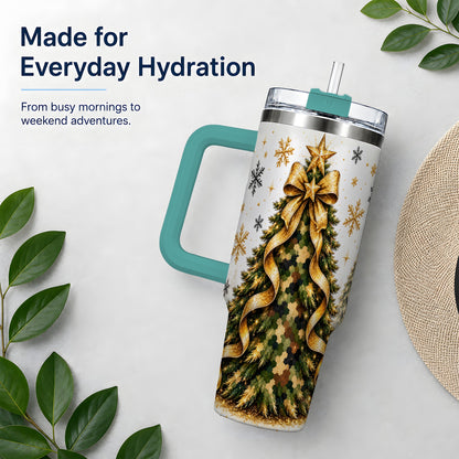 #pl[40oz|Green] Camo Christmas Tree 40oz Tumbler, Stainless Steel Gold Holiday Art