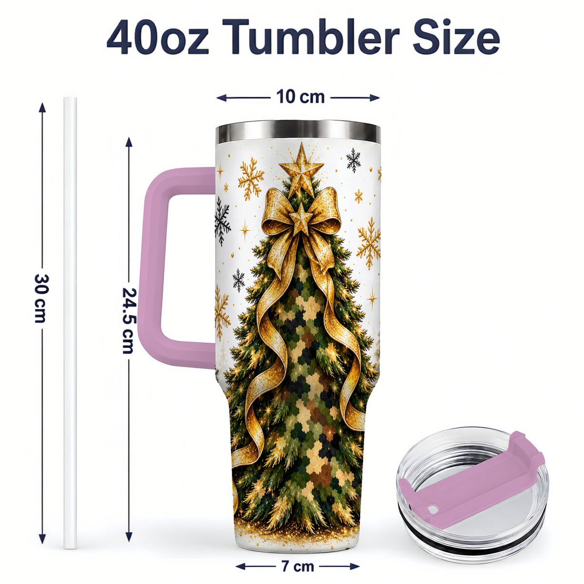 #pl[40oz|Pink] Camo Christmas Tree 40oz Tumbler, Stainless Steel Gold Holiday Art