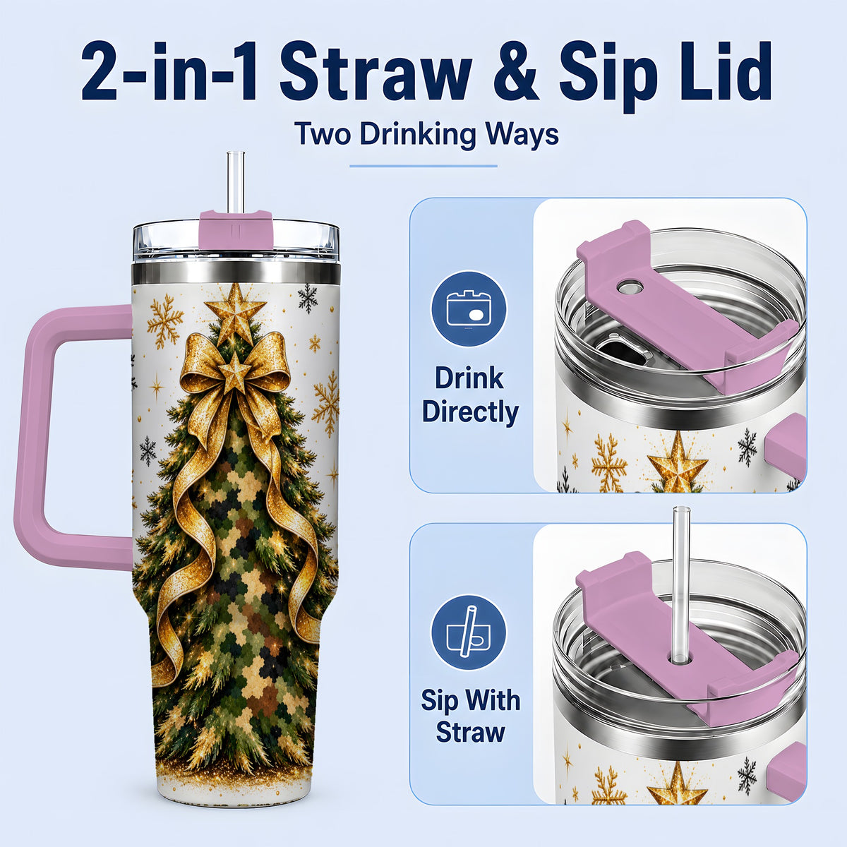 #pl[40oz|Pink] Camo Christmas Tree 40oz Tumbler, Stainless Steel Gold Holiday Art