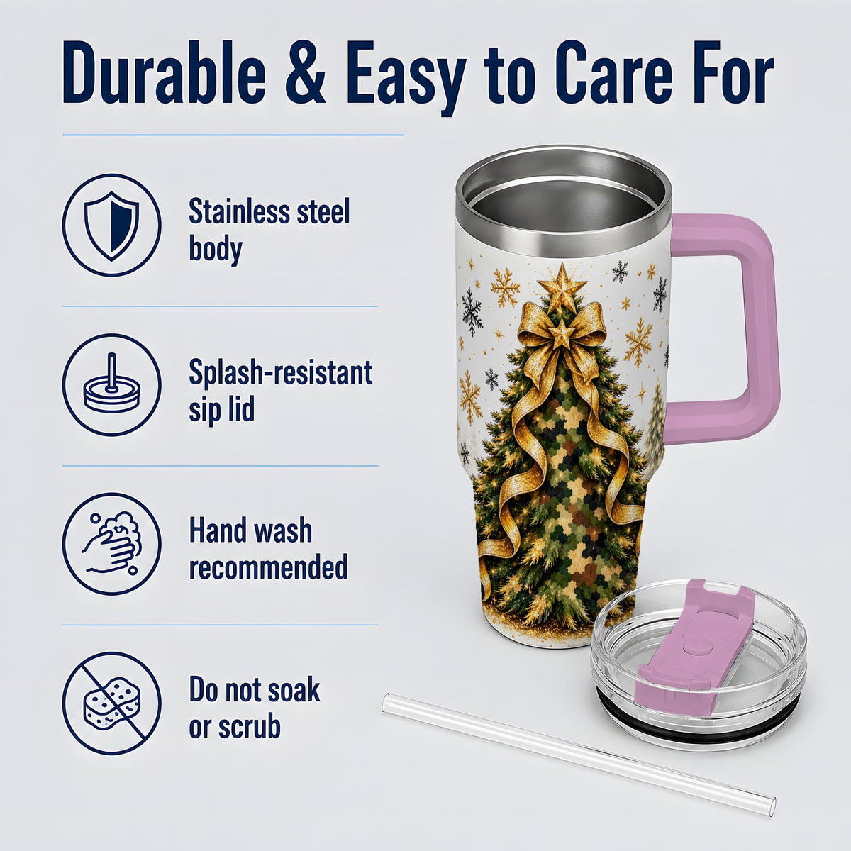 #pl[40oz|Pink] Camo Christmas Tree 40oz Tumbler, Stainless Steel Gold Holiday Art
