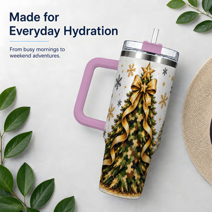 #pl[40oz|Pink] Camo Christmas Tree 40oz Tumbler, Stainless Steel Gold Holiday Art
