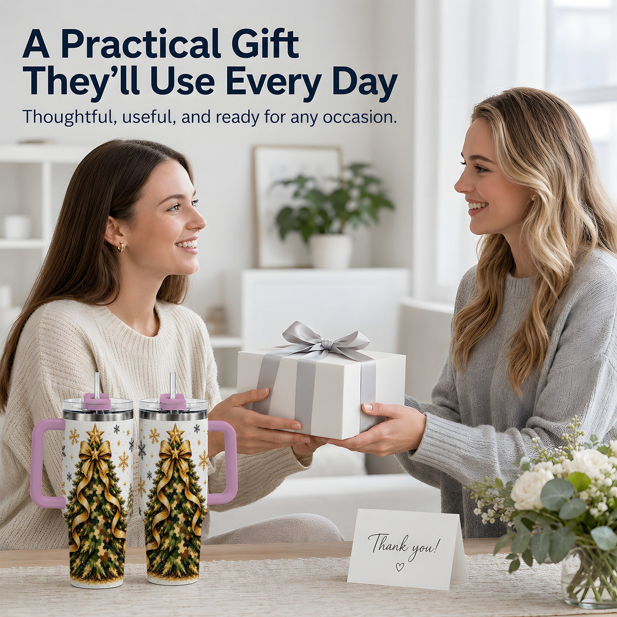 #pl[40oz|Pink] Camo Christmas Tree 40oz Tumbler, Stainless Steel Gold Holiday Art