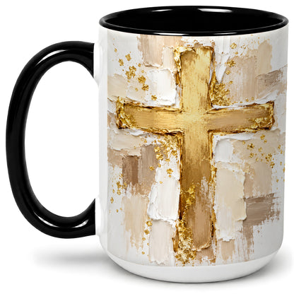 #pl[15oz|Black] Christian Cross Accent Mug, Ceramic Coffee Cup for Faith Decor