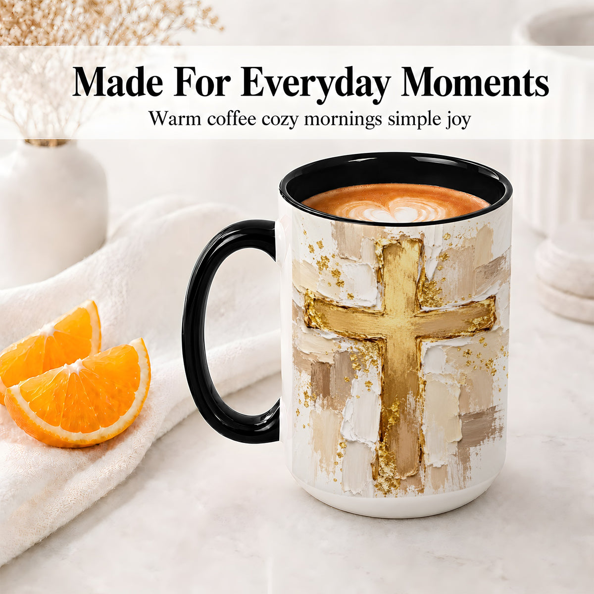 #pl[15oz|Black] Christian Cross Accent Mug, Ceramic Coffee Cup for Faith Decor