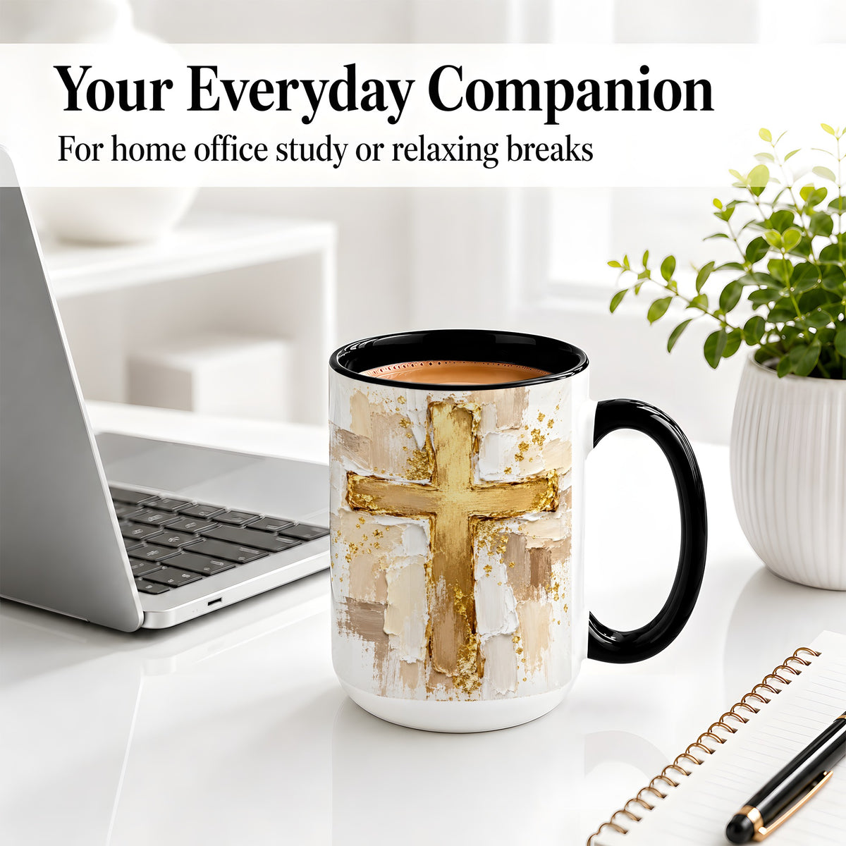 #pl[15oz|Black] Christian Cross Accent Mug, Ceramic Coffee Cup for Faith Decor