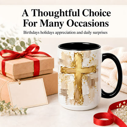 #pl[15oz|Black] Christian Cross Accent Mug, Ceramic Coffee Cup for Faith Decor
