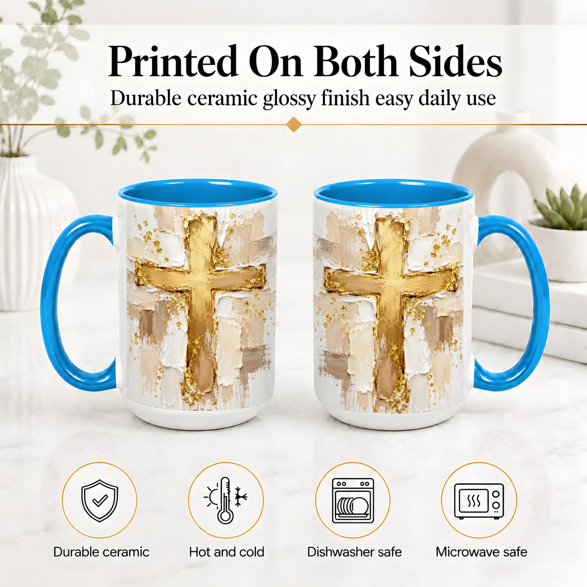 #pl[15oz|Blue] Christian Cross Accent Mug, Ceramic Coffee Cup for Faith Decor