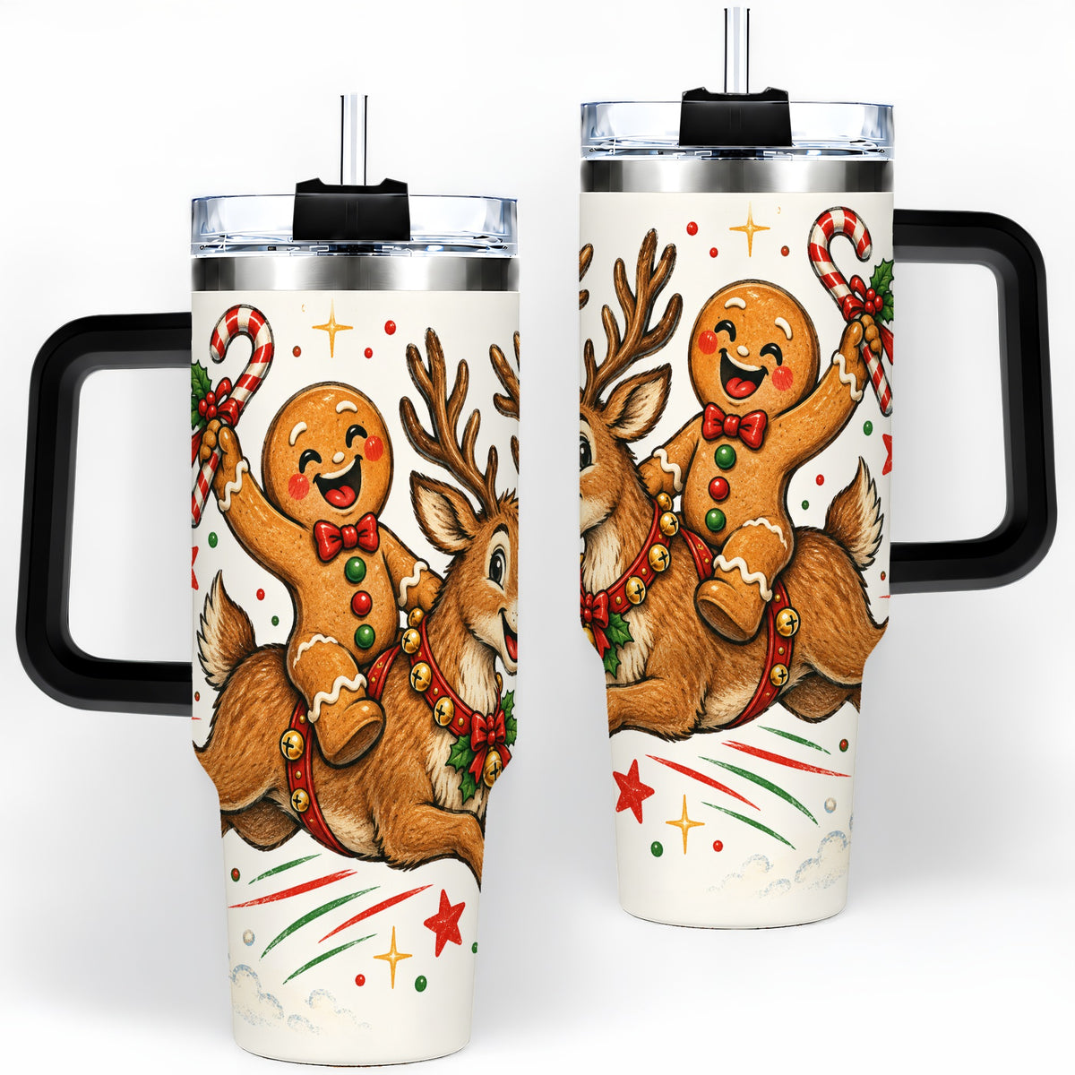 #pl[40oz|Black] Christmas Gingerbread Reindeer 40oz Tumbler, Festive Holiday Drinkware