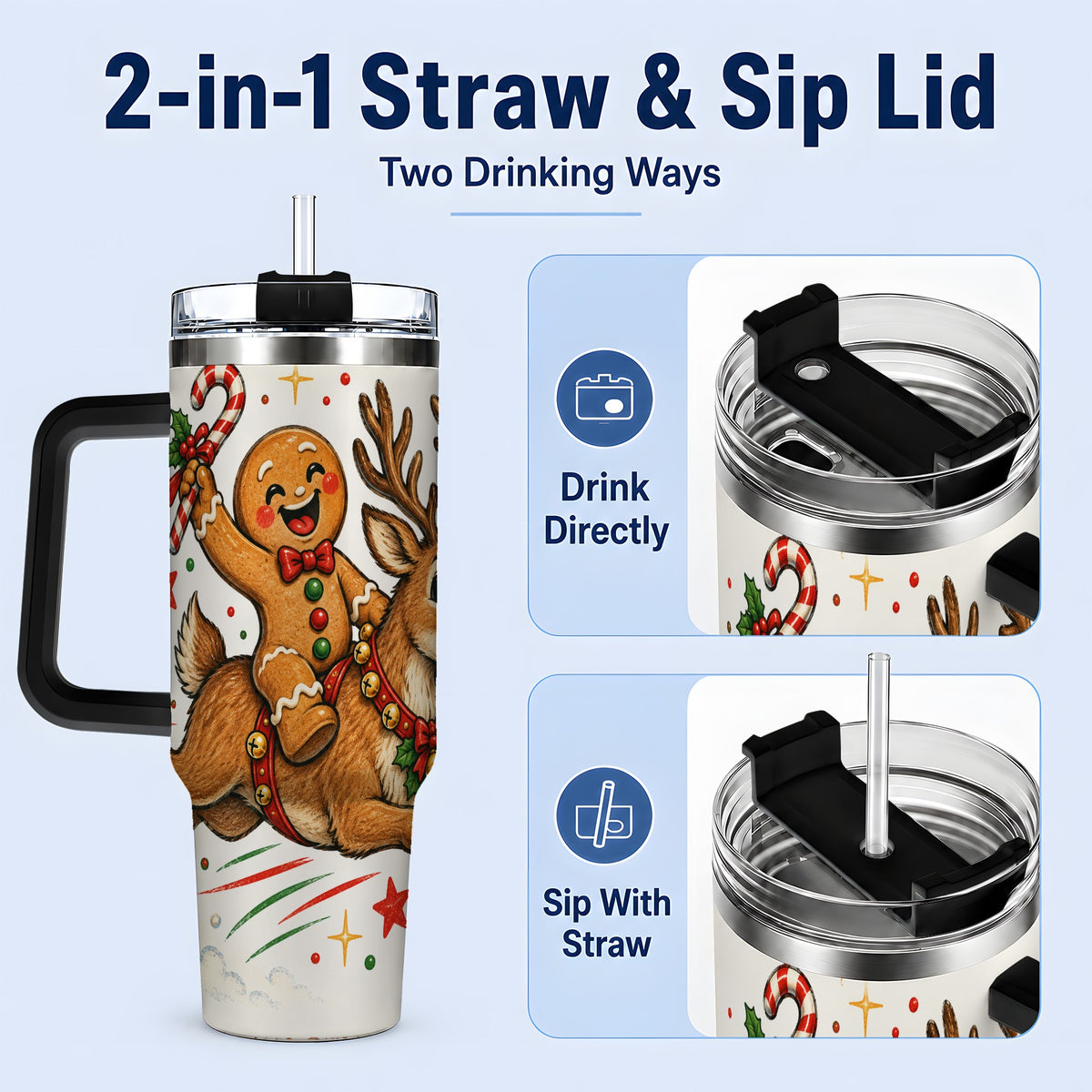#pl[40oz|Black] Christmas Gingerbread Reindeer 40oz Tumbler, Festive Holiday Drinkware