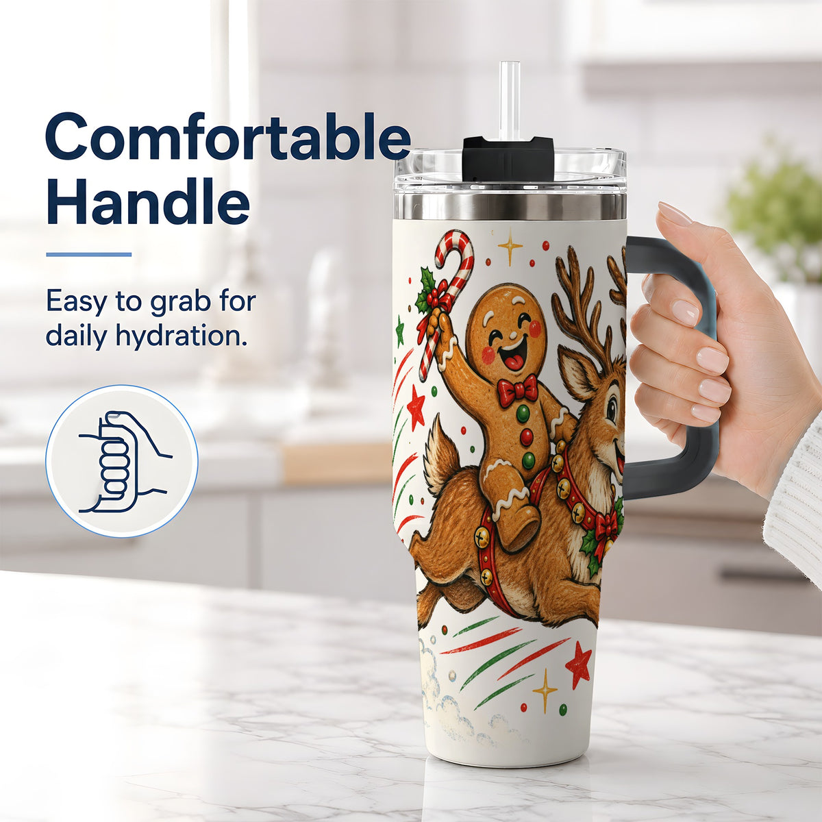 #pl[40oz|Black] Christmas Gingerbread Reindeer 40oz Tumbler, Festive Holiday Drinkware