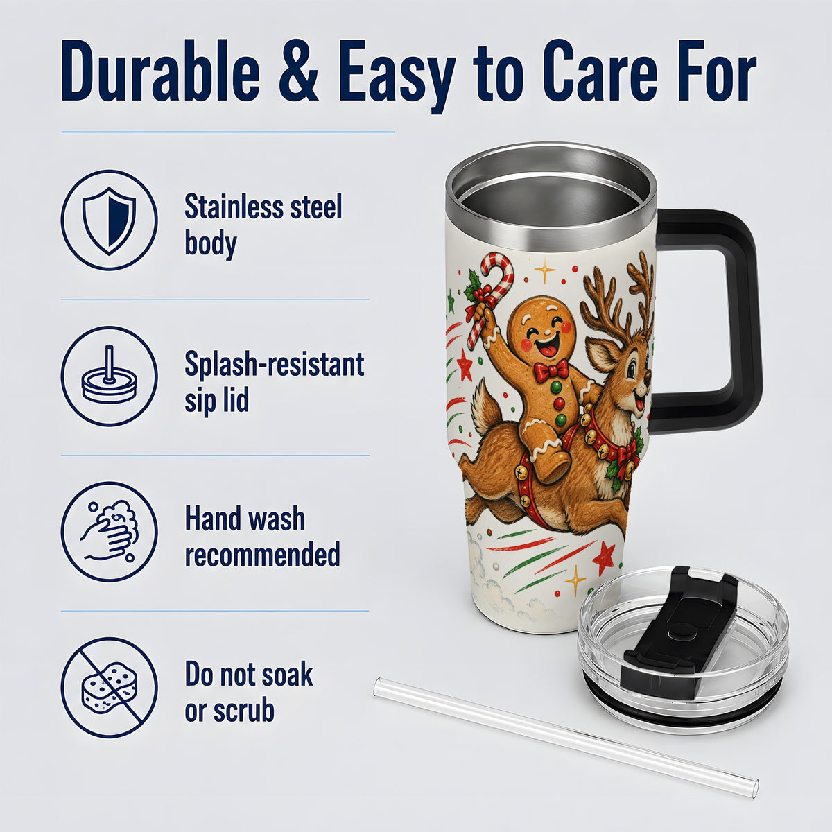 #pl[40oz|Black] Christmas Gingerbread Reindeer 40oz Tumbler, Festive Holiday Drinkware