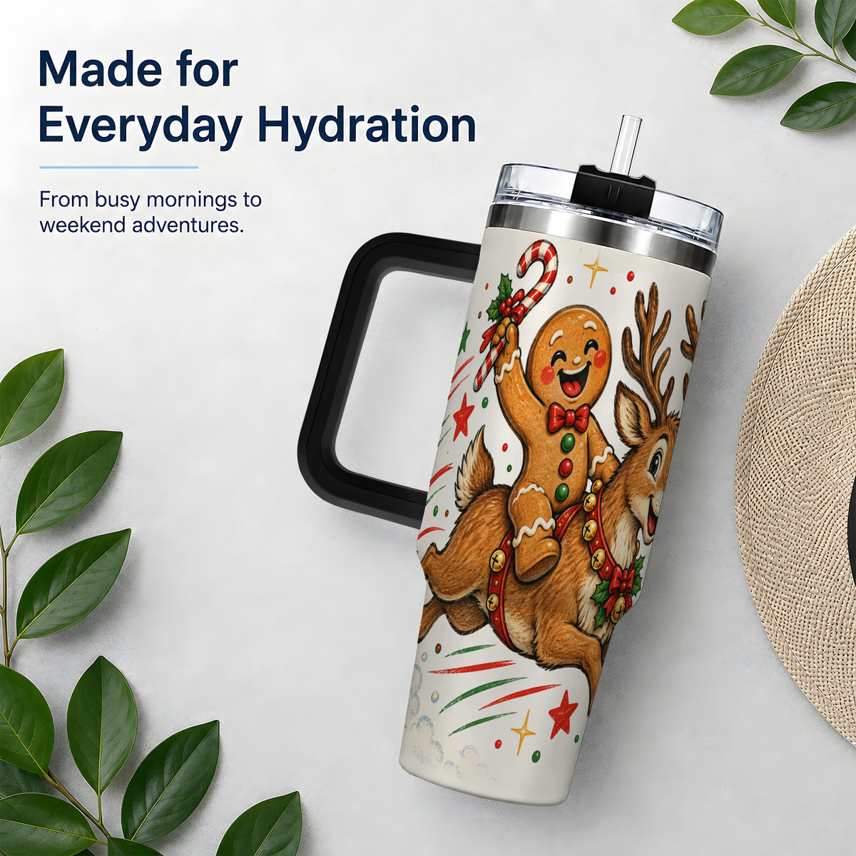 #pl[40oz|Black] Christmas Gingerbread Reindeer 40oz Tumbler, Festive Holiday Drinkware