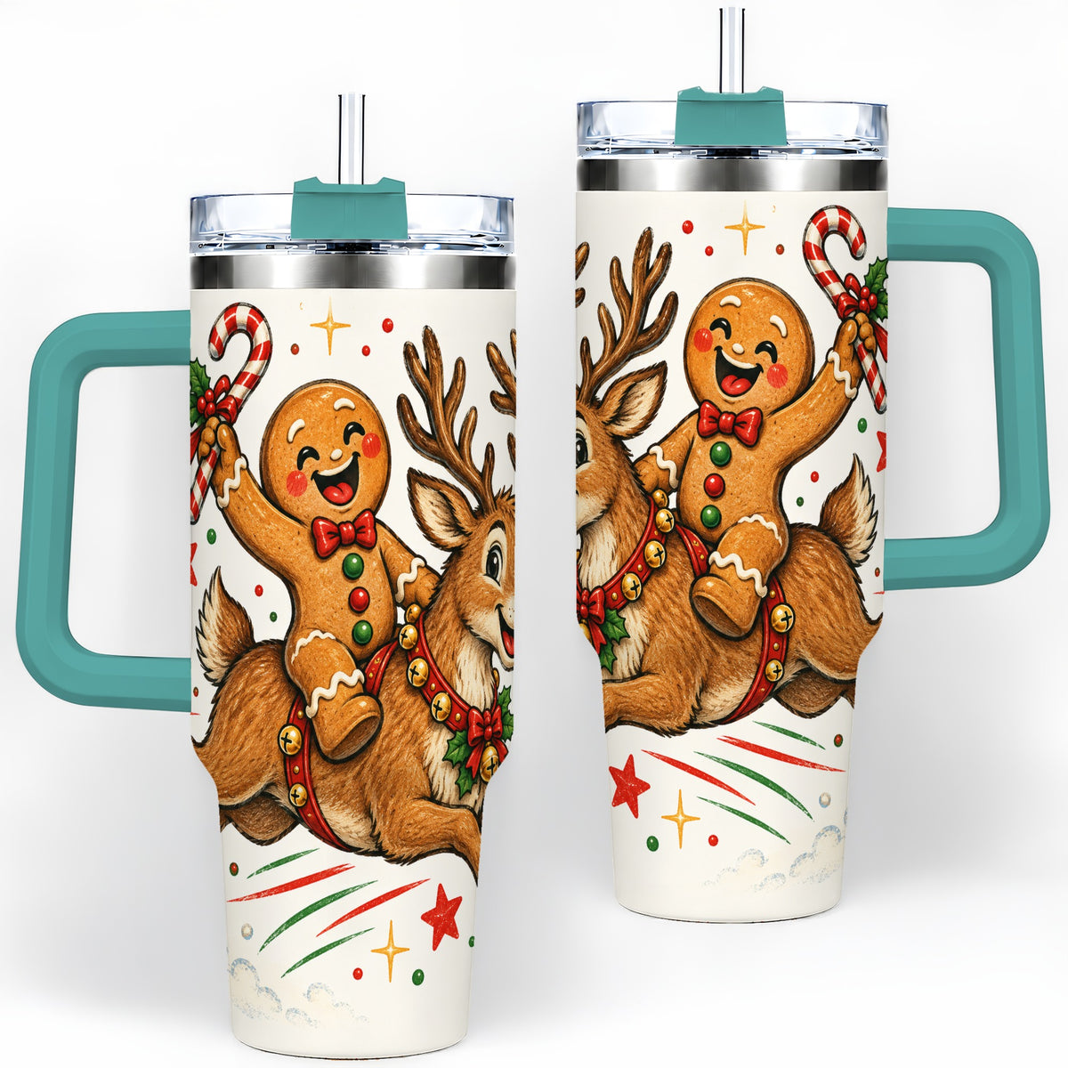 #pl[40oz|Green] Christmas Gingerbread Reindeer 40oz Tumbler, Festive Holiday Drinkware