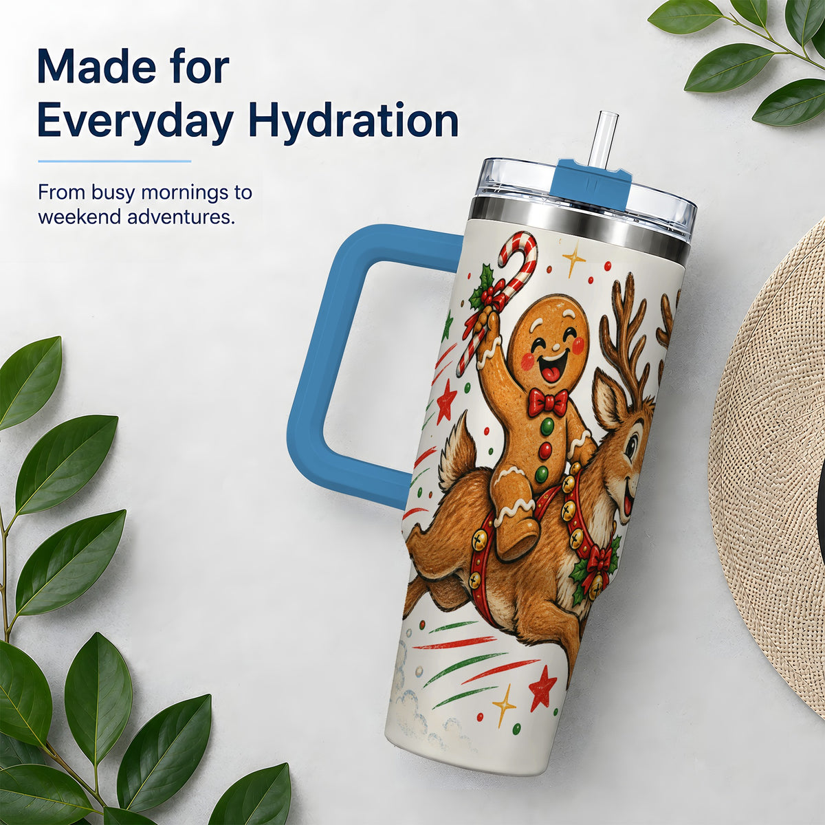 #pl[40oz|Blue] Christmas Gingerbread Reindeer 40oz Tumbler, Festive Holiday Drinkware