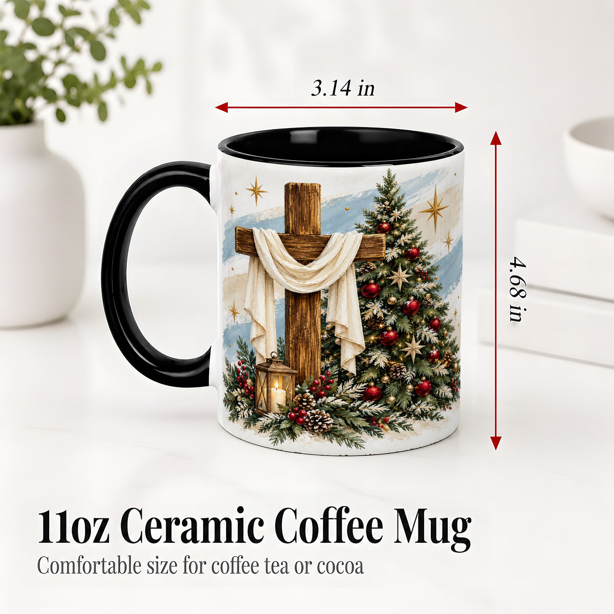 #pl[11oz|Black] Christian Christmas Cross Accent Mug, Ceramic Coffee Cup