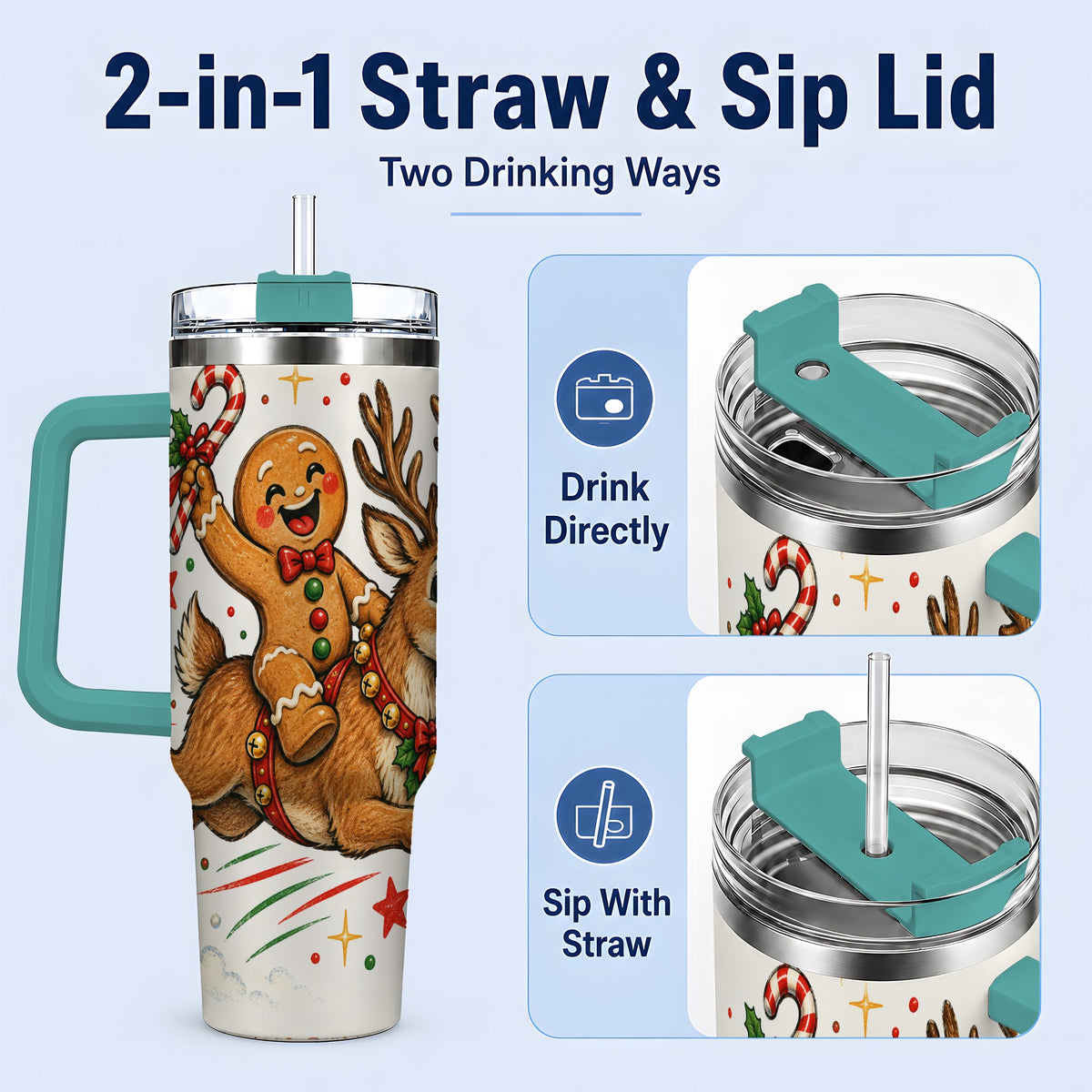 #pl[40oz|Green] Christmas Gingerbread Reindeer 40oz Tumbler, Festive Holiday Drinkware