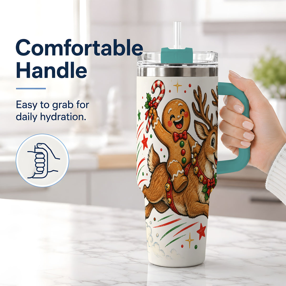 #pl[40oz|Green] Christmas Gingerbread Reindeer 40oz Tumbler, Festive Holiday Drinkware