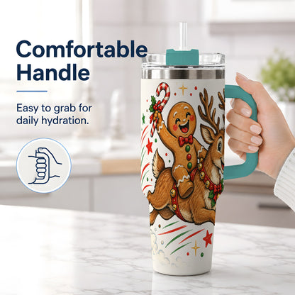 #pl[40oz|Green] Christmas Gingerbread Reindeer 40oz Tumbler, Festive Holiday Drinkware