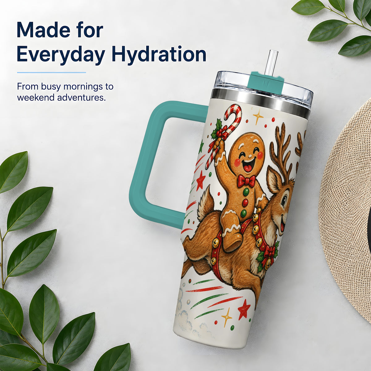 #pl[40oz|Green] Christmas Gingerbread Reindeer 40oz Tumbler, Festive Holiday Drinkware
